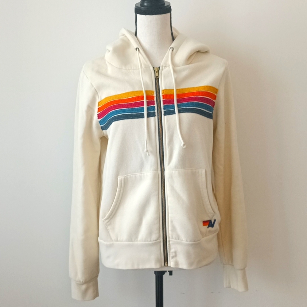 Aviator Nation 5 Stripe Zip Hoodie in Vintage White SM